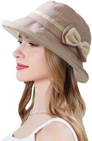 Women's Foldable Linen Bucket Hat with Bowknot Derby Church Wide Brim Cloche Sun Hat in Saudi Arabia