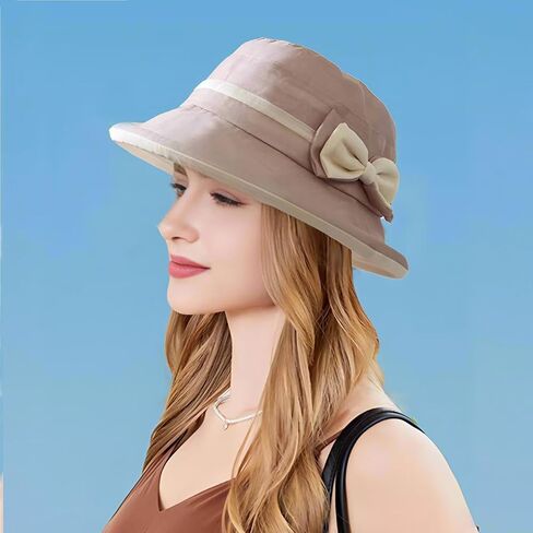 Women's Foldable Linen Bucket Hat with Bowknot Derby Church Wide Brim Cloche Sun Hat in Saudi Arabia
