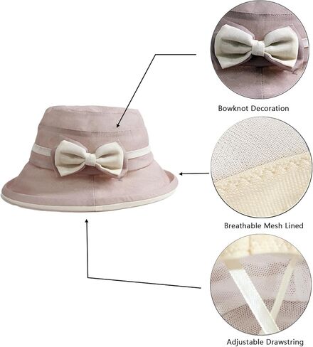 Women's Foldable Linen Bucket Hat with Bowknot Derby Church Wide Brim Cloche Sun Hat in Saudi Arabia