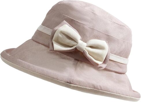Women's Foldable Linen Bucket Hat with Bowknot Derby Church Wide Brim Cloche Sun Hat in Saudi Arabia