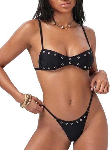 YELAIVP Women's Grommet Eyelet Bikini Sexy Micro Bikini Sets Push Up Tie Swimwear Cheeky Brazilian Thong Y2k Goth Swimsuit in Saudi Arabia