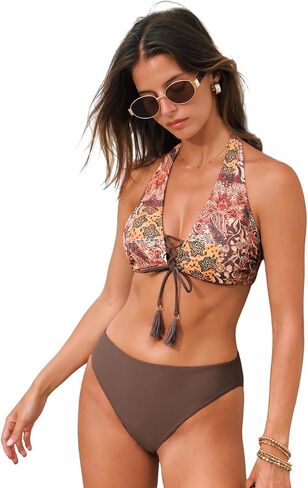 CUPSHE Women's Bikini Set Sexy Two Piece Swimsuit Halter Strap Self Tie Bathing Suit Full Coverage in Saudi Arabia