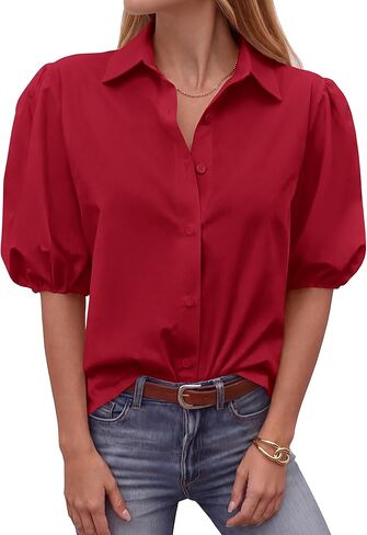 BTFBM Women's Button Down Shirts Short Puff Sleeve Collared V Neck 2026 Summer Tops Dressy Casual Work Business Blouses in Saudi Arabia