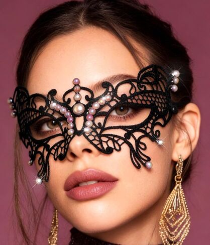Ursumy Black Masquerade Mask for Women Tassel Eye Lace Mask with Beaded Chain Party Costume Prom Ball Face Accessories in Saudi Arabia