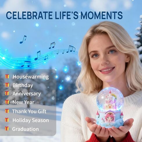 Pink Musical Snow Globe with LED Lights and Music Box – Features 100mm Size, Color Changing, Automatic Snowfall & Multiple Melodies | Snow Globes, Birthday Gift for Home Desk Decor in Kuwait