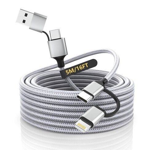 1.8M/6Ft Multi 4 in 1 USB Long Universal iPhone Charging Cable，Lightning2+Type C+Micro USB Nylon Braided Phone Charger Cord Connector Adapter for Android/Apple/iOS/Samsung/LG/Huawei/XiaoMi-Silver in Kuwait
