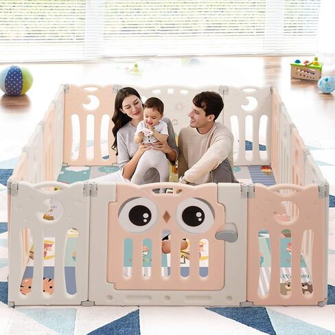 Costzon Baby Playpen 10-Panel Foldable Kids Play Yard, Indoor Outdoor Portable Baby Fence w/Additional Table Panels, Seat Stool, Lockable Gate & Educational Toys, Adjustable Shape (10-Panel) in Kuwait