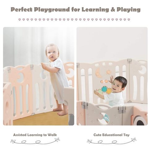 Costzon Baby Playpen 10-Panel Foldable Kids Play Yard, Indoor Outdoor Portable Baby Fence w/Additional Table Panels, Seat Stool, Lockable Gate & Educational Toys, Adjustable Shape (10-Panel) in Kuwait