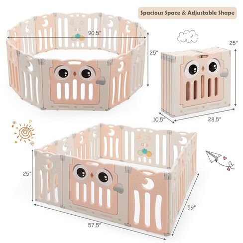Costzon Baby Playpen 10-Panel Foldable Kids Play Yard, Indoor Outdoor Portable Baby Fence w/Additional Table Panels, Seat Stool, Lockable Gate & Educational Toys, Adjustable Shape (10-Panel) in Kuwait