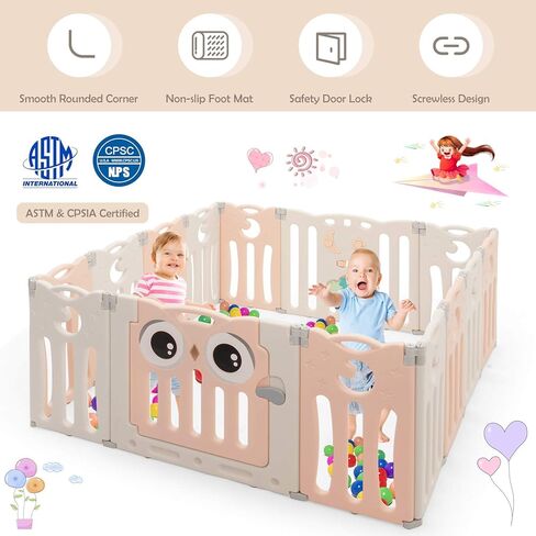 Costzon Baby Playpen 10-Panel Foldable Kids Play Yard, Indoor Outdoor Portable Baby Fence w/Additional Table Panels, Seat Stool, Lockable Gate & Educational Toys, Adjustable Shape (10-Panel) in Kuwait