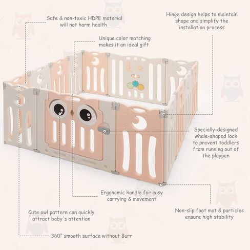 Costzon Baby Playpen 10-Panel Foldable Kids Play Yard, Indoor Outdoor Portable Baby Fence w/Additional Table Panels, Seat Stool, Lockable Gate & Educational Toys, Adjustable Shape (10-Panel) in Kuwait