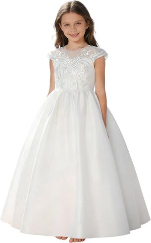 Girls Pageant Princess Satin Flower Girl Dress Embroidery Tulle for Kid Bridesmaid Birthday Party Communion Formal Ball Gown in Saudi Arabia