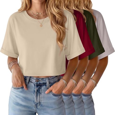4 Pack Women's Crop Tops Oversized T Shirt Half Sleeve Summer Tees Casual Loose Fit Crew Neck Basic Shirts in Saudi Arabia