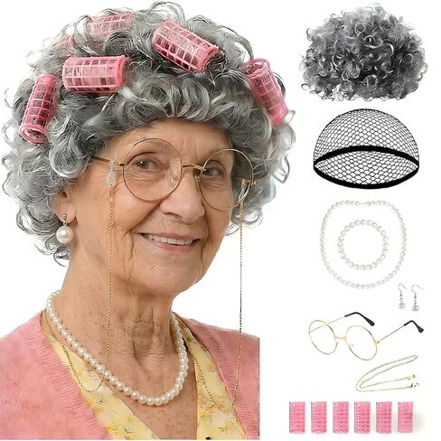 100 Days of School Old Lady Costume for Girls - Grandma Wig Grey Hair Set with Glasses, Pearl Necklace - 100th Day Granny Cosplay Outfit Accessories (Grey Curly Wig Set) in Saudi Arabia