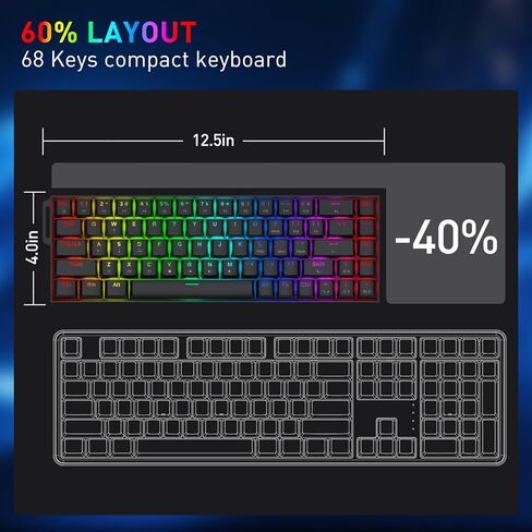 Redragon K631 PRO SE 65% 3-Mode Wireless RGB Gaming Keyboard، 68 مفتاحًا لوحة مفاتيح ميكانيكية مدمجة قابلة للتبديل السريع مع مقبس PCB مجاني للتبديل السريع ولوحة شفافة، مفتاح خطي هادئ مخصص in Kuwait