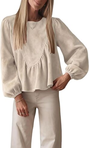 بلوزة Peplum Babydoll للسيدات كاجوال من جلد الغزال الصناعي، بلوزة فضفاضة بأكمام واسعة وأزرار خلفية in Kuwait