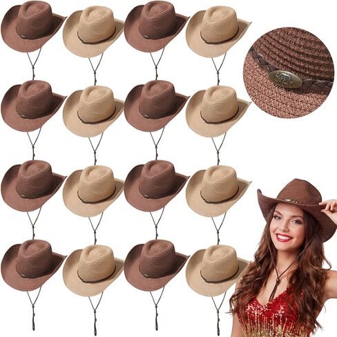 Cuffbow 16 Pcs Cowboy Straw Hats Bulk Wide Brim Cowboy Cowgirl Country Accessories for Western Party Concerts Beach Birthday in Saudi Arabia