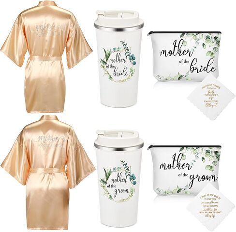 Sieral 8 Pack Mother of the Bride and Groom Gifts Satin Robe for Wedding day Gifts with 20 oz Cup Tumblers Makeup Bag Handkerchief(Champaign Gold, Trendy) in Saudi Arabia