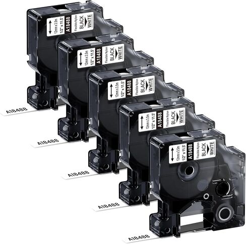 بديل Wonfoucs لملصقات النايلون المرنة 18488 Dymo مقاس 1/2 بوصة Rhino 4200 5200 6000 شريط ملصقات يعمل مع صانعي الملصقات الصناعية Dymo Rhino Pro LabelWriter، أسود على أبيض، 1/2 بوصة × 11.5 بوصة، 5 عبوات in Kuwait