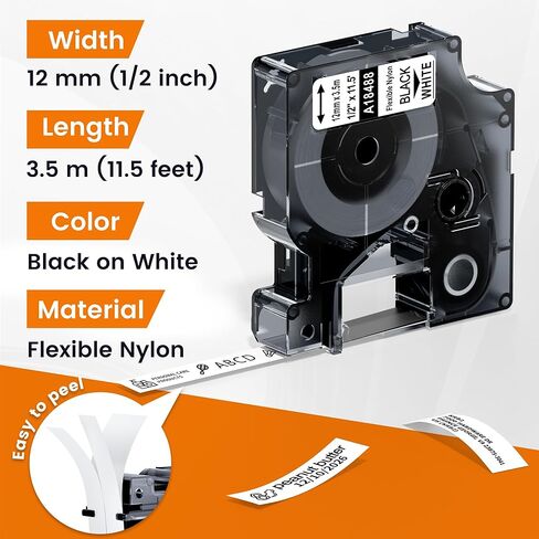 بديل Wonfoucs لملصقات النايلون المرنة 18488 Dymo مقاس 1/2 بوصة Rhino 4200 5200 6000 شريط ملصقات يعمل مع صانعي الملصقات الصناعية Dymo Rhino Pro LabelWriter، أسود على أبيض، 1/2 بوصة × 11.5 بوصة، 5 عبوات in Kuwait