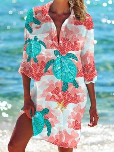 Tropical Sea Turtle Shirt Dress for Women Lightweight Beach Cover Up with Coral Print in Saudi Arabia