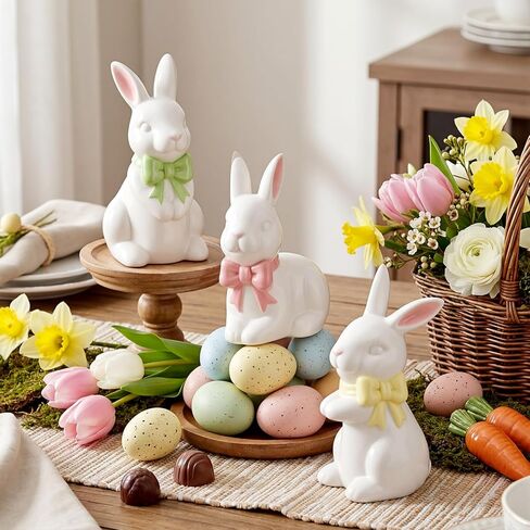 RattanView Easter Decorations 3 Pcs Ceramic Easter Bunny Statues Spring Table Centerpieces Cute Pastel Rabbit Kit Ceramic Home Decor Spring Bunny Figurines Set for Home Party Decorations(Quiet) in Saudi Arabia