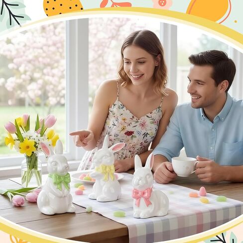 RattanView Easter Decorations 3 Pcs Ceramic Easter Bunny Statues Spring Table Centerpieces Cute Pastel Rabbit Kit Ceramic Home Decor Spring Bunny Figurines Set for Home Party Decorations(Quiet) in Saudi Arabia
