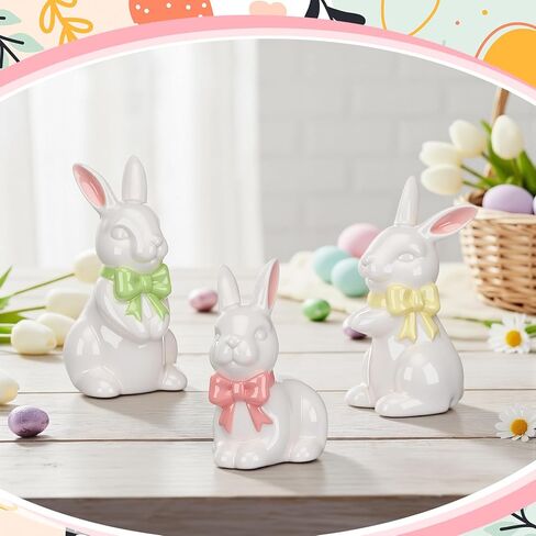 RattanView Easter Decorations 3 Pcs Ceramic Easter Bunny Statues Spring Table Centerpieces Cute Pastel Rabbit Kit Ceramic Home Decor Spring Bunny Figurines Set for Home Party Decorations(Quiet) in Saudi Arabia