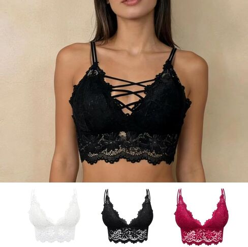 Women Lace Bralette 3 Pcs Lace Wireless Sexy Bra Underwire Padded Lace Bandeau Bra Full Coverage Lingerie Set in Saudi Arabia