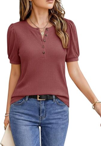 siliteelon Womens Short Sleeve Waffle Blouses Henley V Neck Tunic Shirts Dress Casual Work Button Up Summer Trendy Tops in Saudi Arabia