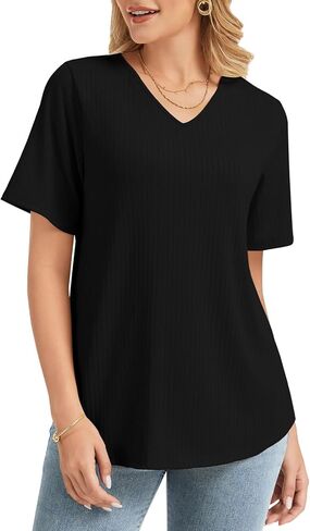 Women Summer Short Sleeve Tunic Tops Shirts V Neck Plus Size Outfits Loose Fit Dressy Casual Business Blouses in Saudi Arabia