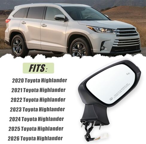 مرآة جانب السائق اليسرى متوافقة مع 2020 2021 2022 2023 2024 2025 Toyota Highlander مع زجاج طاقة قابلة للطي يدوي إشارة بدوره أعمى بقعة أسود استبدال#87940-0E350 (7pins) in Saudi Arabia