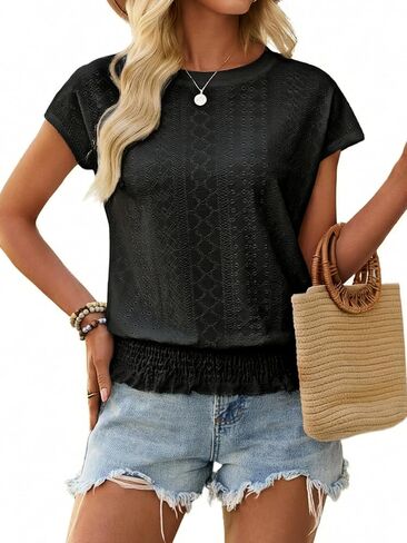Women Summer Eyelet Top Casual Crewneck T Shirts Short Sleeve Smocked Shirts Loose Tunic Tops Blouses in Saudi Arabia
