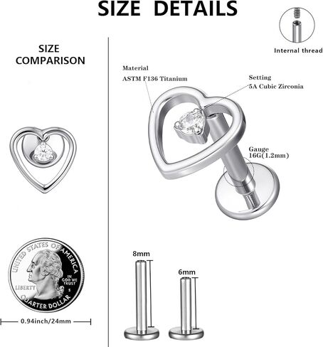 1 Piece Tragus Piercing Labret Lip Piercings 16G ASTM F136 Titanium Silvery Heart Ear Cartilage Helix Tragus Lip Stud Body Jewelry in Saudi Arabia