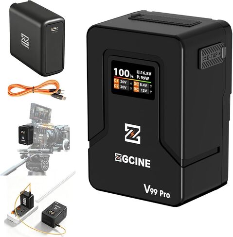 ZGCINE ZG-V99 V2 نسخة مطورة من بطارية Mini V-Mount مع مجموعة شاحن PD 65W، 99Wh 14.8V تدعم D-TAP/BP/الإدخال والإخراج، بطارية V-Lock متوافقة مع BMPCC 6K Pro/Canon EOS R5C/Sony FX3 in Saudi Arabia