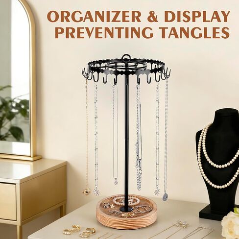 Rotating Necklace Holder Tree Stand, Necklace Organizer with 24 Hooks for Vendors Retail Display, Metal and Wooden in Saudi Arabia