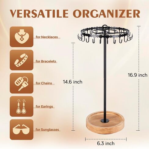 Rotating Necklace Holder Tree Stand, Necklace Organizer with 24 Hooks for Vendors Retail Display, Metal and Wooden in Saudi Arabia
