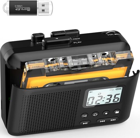 محول مسجل كاسيت محمول من جراسيوسو، كاسيت الى MP3 عبر بطاقة SD، مشغل شريط كاسيت ووكمان مع بطارية قابلة لاعادة الشحن 1000mAh، ميكروفون مدمج ومكبر صوت، مقبس سماعة رأس، بطاقة SD 16GB in Kuwait