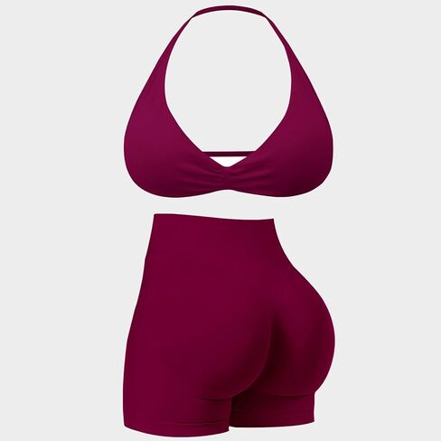 Workout Sets for Women 2 Piece Strappy Halter Sports Bra Scrunch Butt Shorts Gym Sets Yoga Outfits Seamless Tracksuit in Saudi Arabia