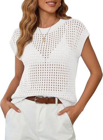 Saodimallsu Womens Crochet Sweaters Summer Cap Sleeve Knit Tops Lightweight Crewneck Beach Vacation Clothes in Kuwait