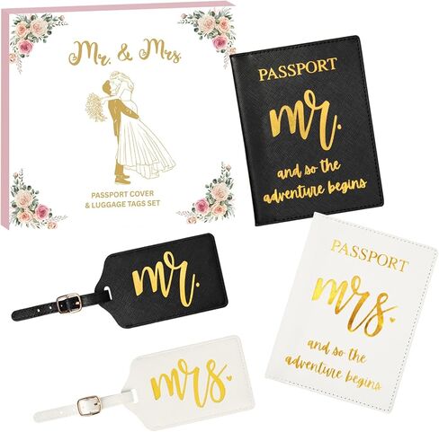 Mr & Mrs Luggage Tags and Passport Holder Set – Wedding Gift for Couples, Honeymoon Travel Accessories, Passport Covers with Luggage Tags for Bride and Groom (Style1) in Saudi Arabia