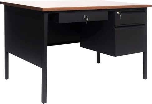 Flash Furniture Cambridge Right Side Single Pedestal Desk with 3 Locking Drawers, Commercial Grade Teacher's or Office Desk, 30x48, Metal Frame, White Oak/Black in Saudi Arabia
