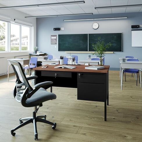 Flash Furniture Cambridge Right Side Single Pedestal Desk with 3 Locking Drawers, Commercial Grade Teacher's or Office Desk, 30x48, Metal Frame, White Oak/Black in Saudi Arabia