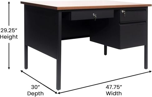 Flash Furniture Cambridge Right Side Single Pedestal Desk with 3 Locking Drawers, Commercial Grade Teacher's or Office Desk, 30x48, Metal Frame, White Oak/Black in Saudi Arabia