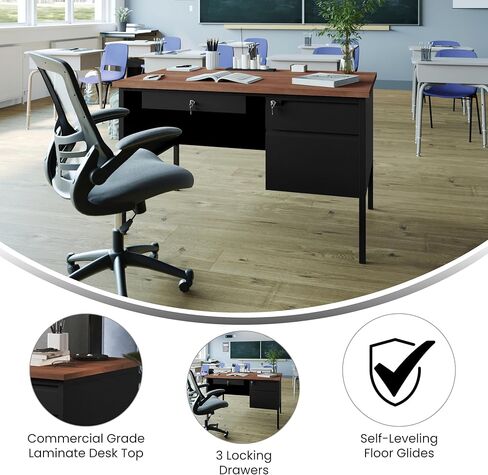 Flash Furniture Cambridge Right Side Single Pedestal Desk with 3 Locking Drawers, Commercial Grade Teacher's or Office Desk, 30x48, Metal Frame, White Oak/Black in Saudi Arabia