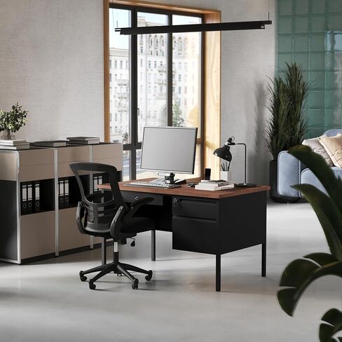 Flash Furniture Cambridge Right Side Single Pedestal Desk with 3 Locking Drawers, Commercial Grade Teacher's or Office Desk, 30x48, Metal Frame, White Oak/Black in Saudi Arabia