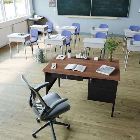 Flash Furniture Cambridge Right Side Single Pedestal Desk with 3 Locking Drawers, Commercial Grade Teacher's or Office Desk, 30x48, Metal Frame, White Oak/Black in Saudi Arabia
