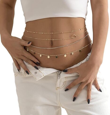 Sexy 4Pcs Rhinestone Waist Chain Jewelry,Bikini Festival Crystal Belly Body Chain Jewelry Summer Beach Multi-layered Sequin Tassel Body Chain Jewelry for Women in Saudi Arabia