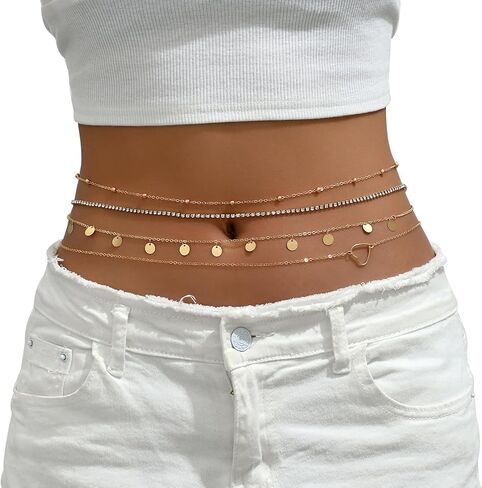 Sexy 4Pcs Rhinestone Waist Chain Jewelry,Bikini Festival Crystal Belly Body Chain Jewelry Summer Beach Multi-layered Sequin Tassel Body Chain Jewelry for Women in Saudi Arabia