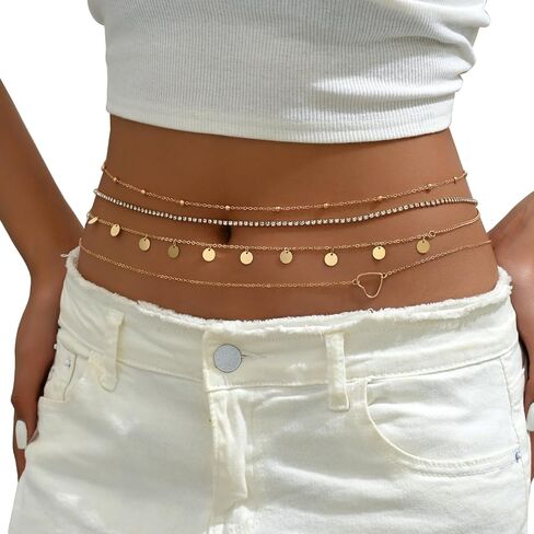 Sexy 4Pcs Rhinestone Waist Chain Jewelry,Bikini Festival Crystal Belly Body Chain Jewelry Summer Beach Multi-layered Sequin Tassel Body Chain Jewelry for Women in Saudi Arabia
